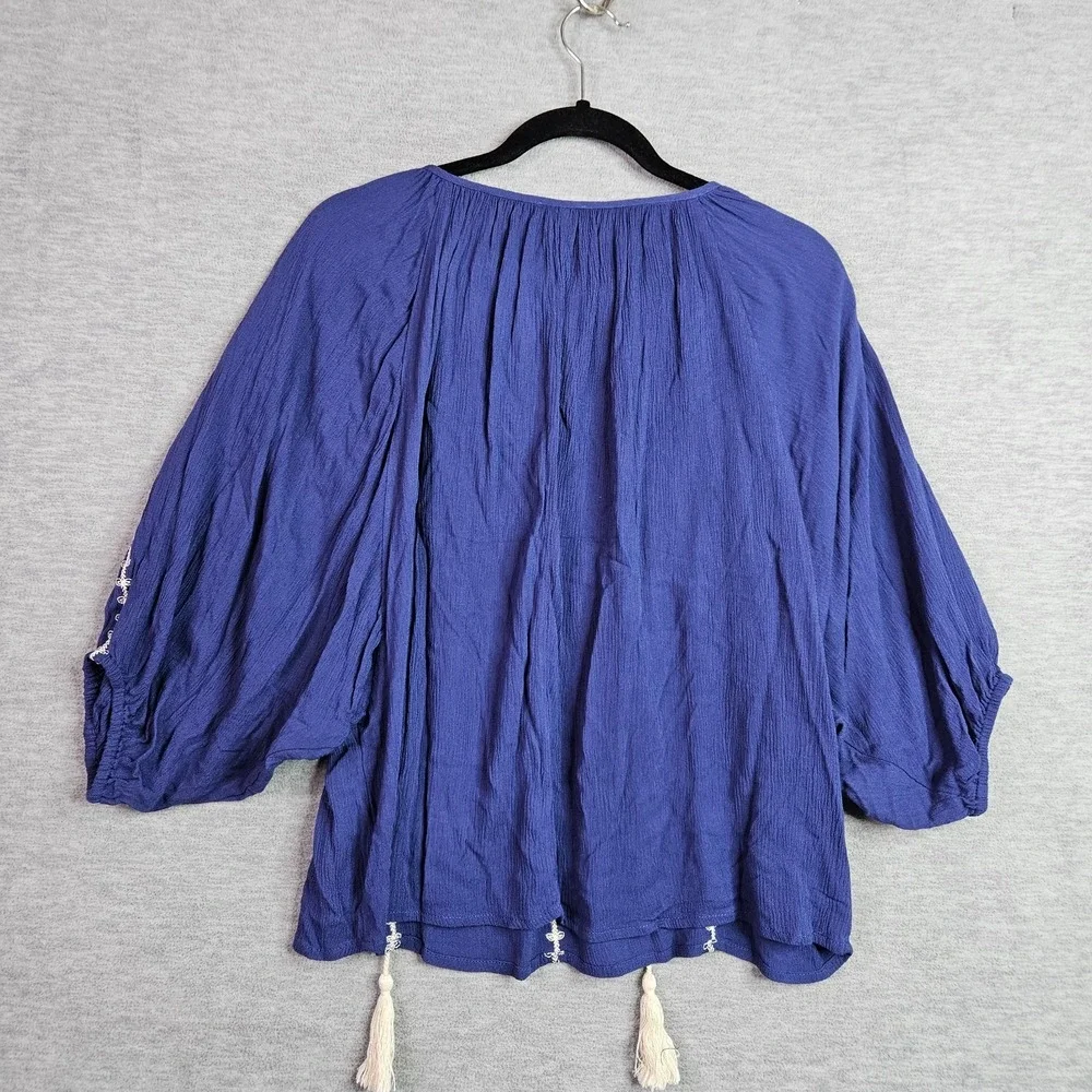 En Creme Women Sz S Blue Peasant Blouse Embroidered Tassel Tie Balloon Sleeve